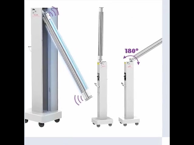会社のビデオ について 60W Sterilizer Wheel Germicidal Lamp UVC Light Sterilization Hospital UV Disinfection Trolley